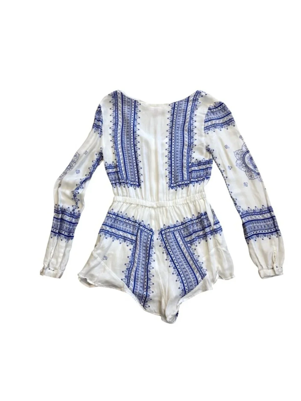 Saks Fifth Avenue Women's Button Front Romper XS White Blue Scarf Print Boho - Picture 2 of 8